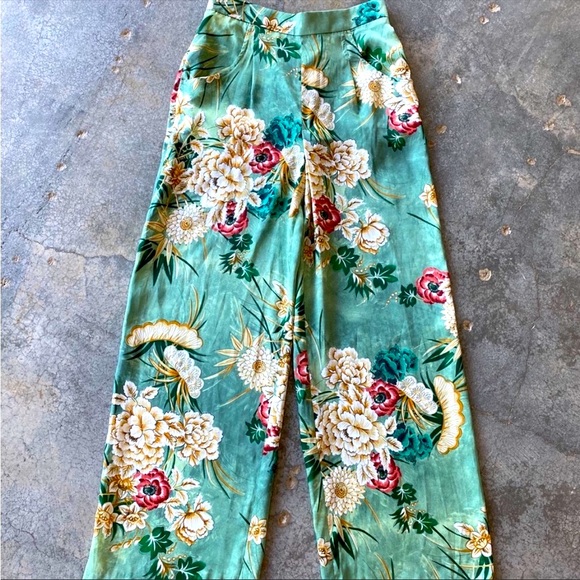 Zara Pants & Jumpsuits Zara Green Floral Kimono Satin Trousers Pajama Pants Poshmark